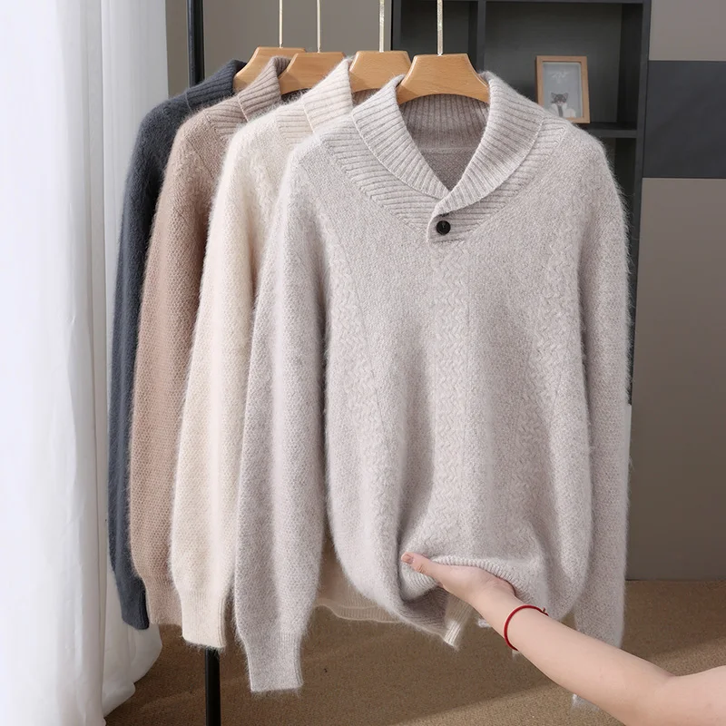 

Striped 100% Mink Cashmere Pullover For Autumn and Winter Green Fruit Collar Loose And Fashionable Knitted Top For Men Warm Base