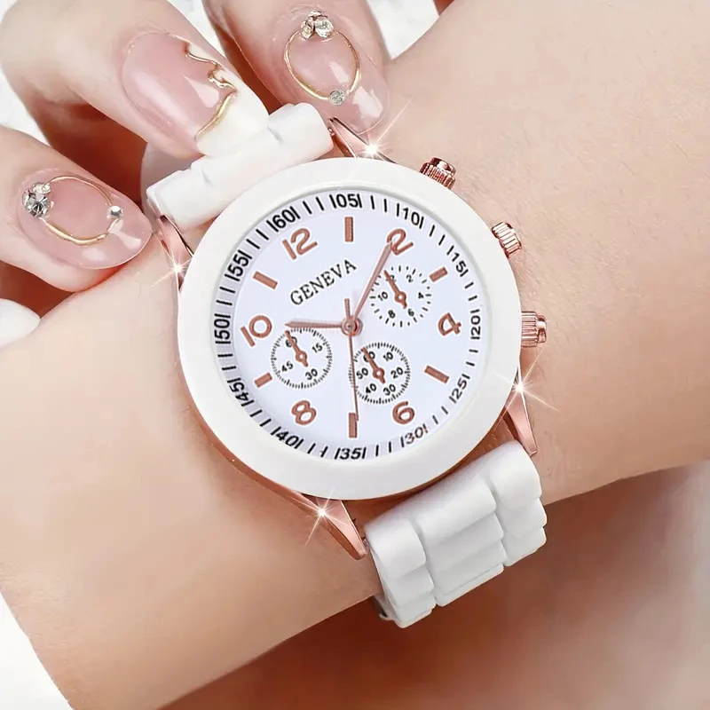 5PCS white comfort silicone strap women\'s quartz watch with marble fringe beaded bracelet set Casual classic wear gift