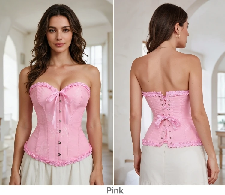 Damen Vintage Jacquard Korsett-Top, trägerlos, mit Rüschen vorne, Busk-Rücken, Schnürung, 20 Farben, für Feiertage, Partys und Abendgarderobe – Detail 16