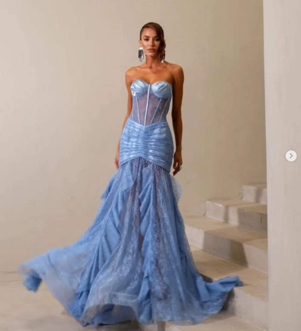Customized Blue Sexy Modest Lace Draped Pleat Ruched Mermaid Strapless Floor-Length Evening Dresses Sizes Available for Woman