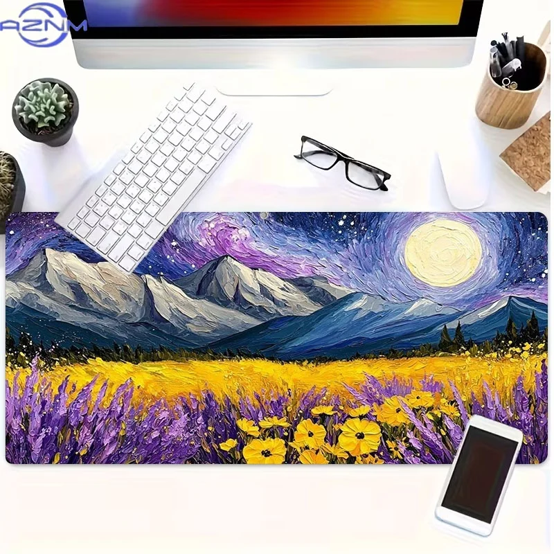 Vibrant Landscape Painting Mouse Pad, Rubber Material, Multiple Specifications Available, Dreamy Starry Night & Golden Field Des