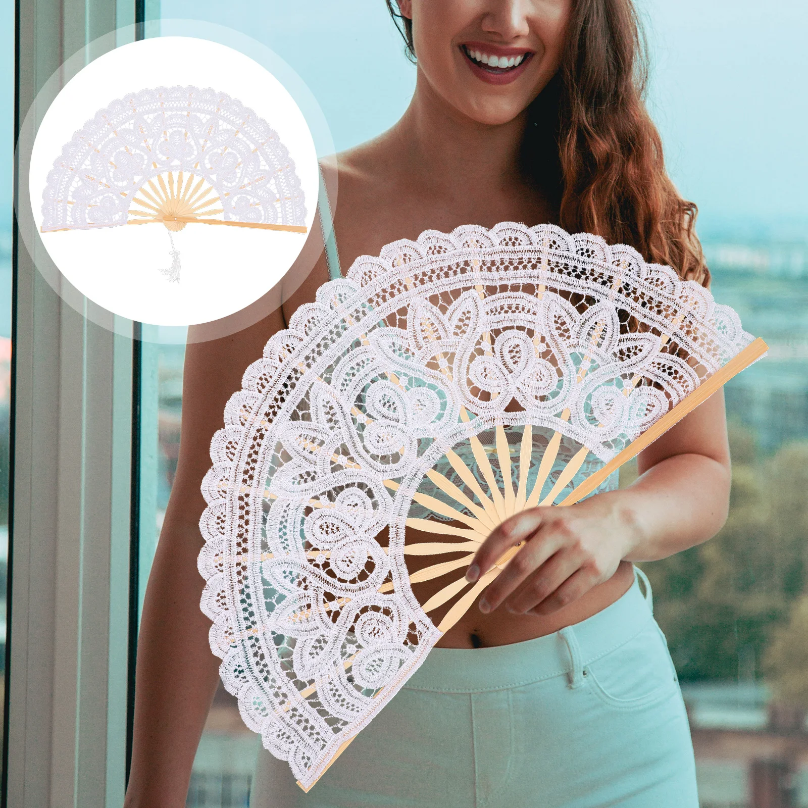 Embroidered Fan Circular Hand Fans for Women Foldable Decorative Folding Lace White Handheld Portable