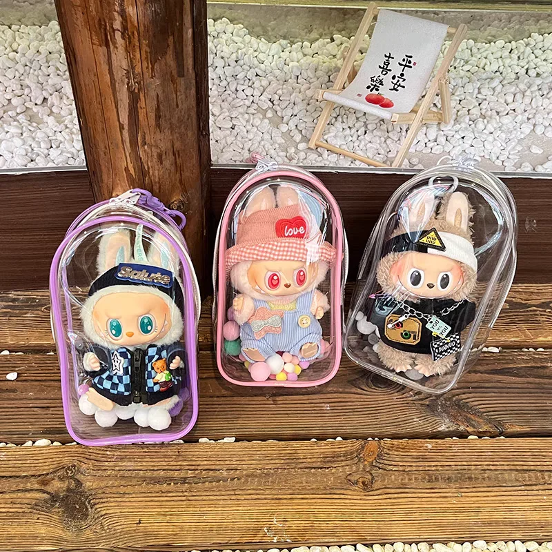 Colorful Transparent Protector Case Organizer Box for 17cm Labubu Plush Dolls Outdoor Display Bag With Keychain Doll Accessories