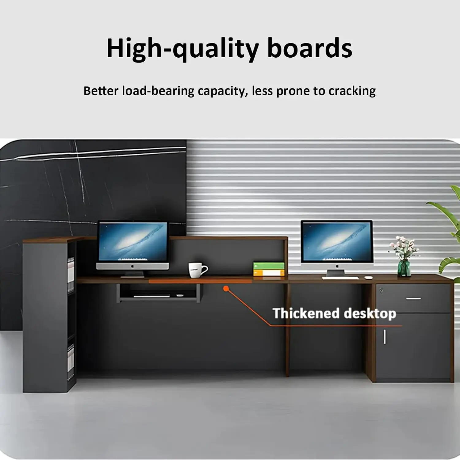 Modern L-Shaped Reception Desk with Hutch, Office Reception Counter Table with Lockable Drawer and Door Cabinet, Wooden Computer