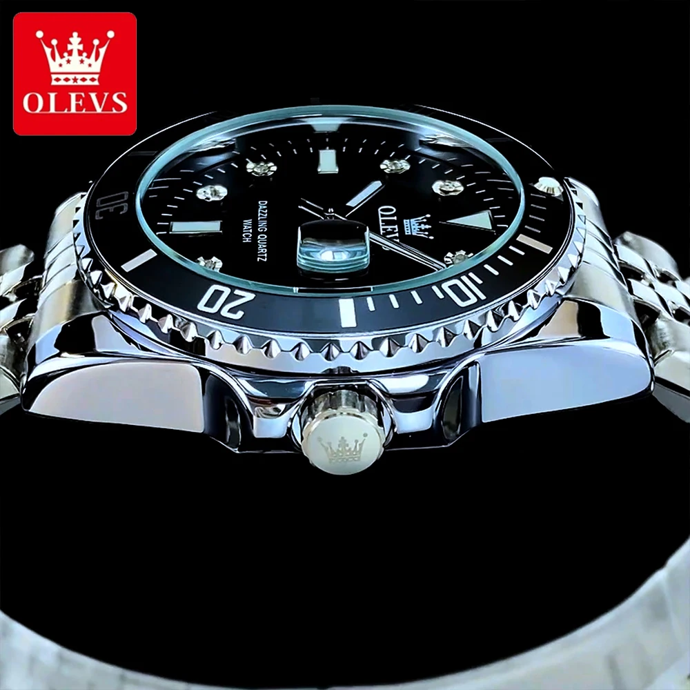 OLEVS Top Marke Herrenuhren Trend Mode Feiner Stahl Original Quarz Armbanduhr Wasserdicht Leuchtendes Großes Datum Taucher Lünette 9809