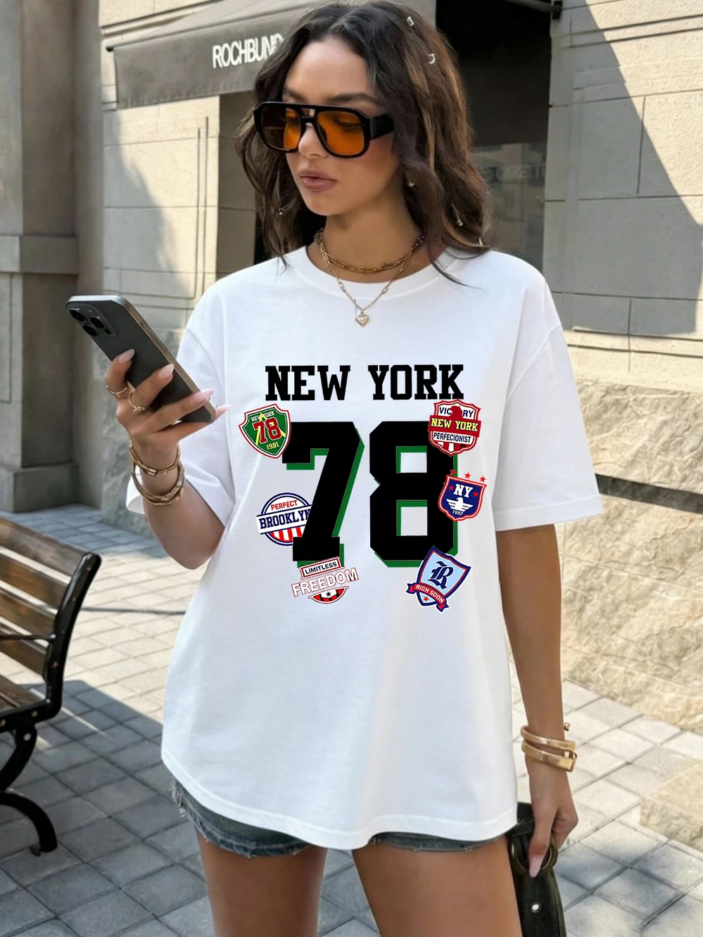New York Numbers 78 Bedruckte T-Shirts für Damen, Baumwolle, Sommer, kurzärmelig, Basic-T-Shirts mit O-Ausschnitt, übergroße Oberteile, lässige, weiche Kleidung