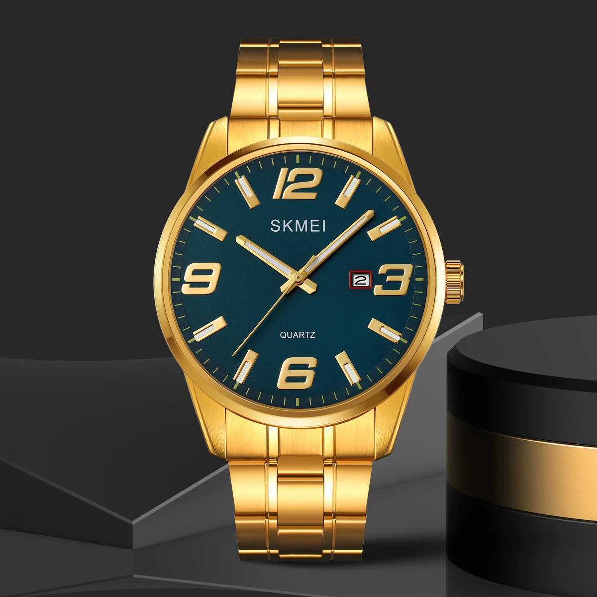 

Роскошные мужские модные часы, серебряный ремешок из нержавеющей стали, водонепроницаемые повседневные кварцевые часы с календарем, зеленые деловые наручные часы