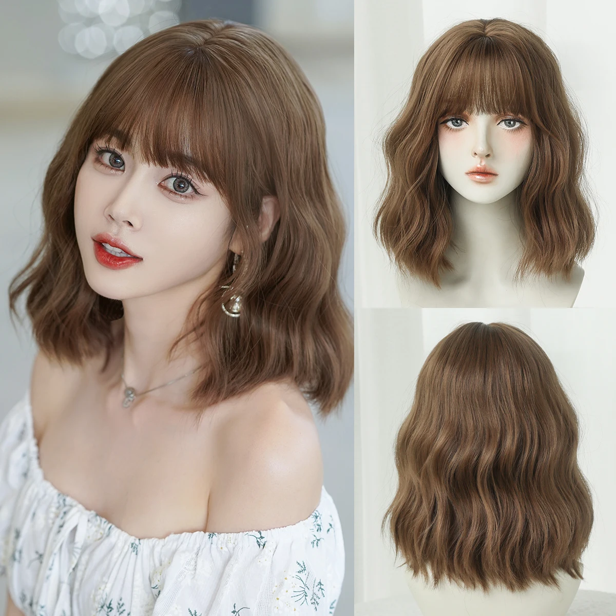 

7JHH WIGS Short Water Wave Honey Brown Wig for Women Synthetic Modest Fashion Wear and Go Bob Wigs with Neat Bangs
