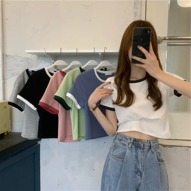 2024 Patchwork Kpop T-shirt Women Korean Fashion Slim Cropped Tops Woman Sexy Vintage Y2K Tee Shirt Striped Japanese Clothes