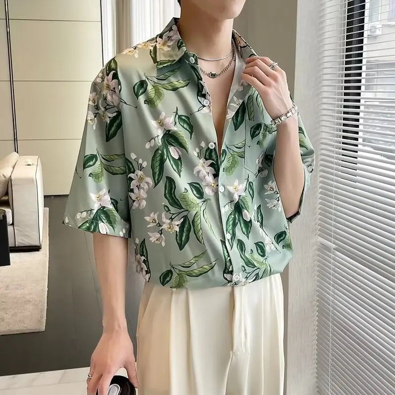 Men's Short Sleeved Floral Shirt Loose Hawaiian Shirt Casual Versatile Beach Top Turn-Down Collar Summer Loose Popular Quick Dry
