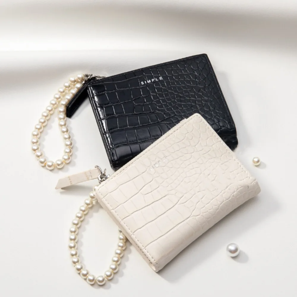 Imitation Pearl Chain Alligator Print Purse Causal Multi-card Slot Clutch Coin Purse Solid Color Card Pocket Card Bag Ladies