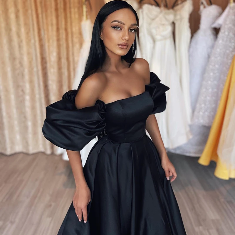 Thinyfull Black A-Line Prom Evening Dresses 2023 Off The Shoulder Party Dress Floor Length Saudi Arabia Cocktail Gowns Plus Size