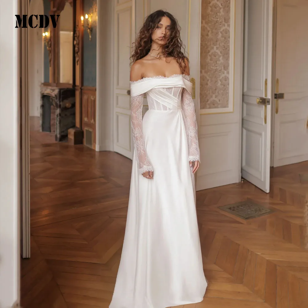 

MCDV Vintage Wedding Dresses Satin Long Sleeve Bridal Gowns Lace Off Shoulder Robes For Women Vestidos De Novia Customized