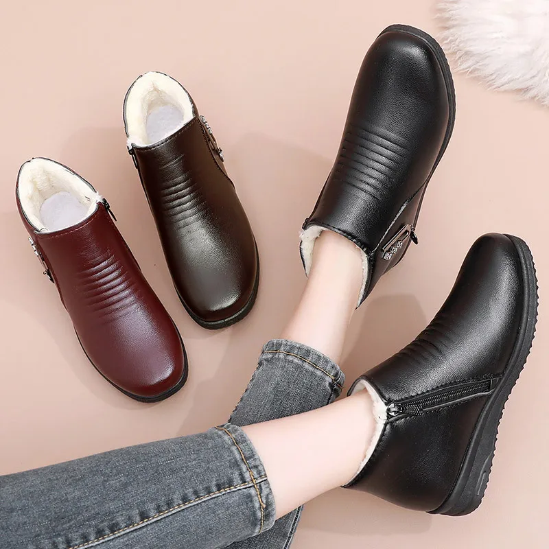 Ladies genuine leaather ankle boots winter plush womens shoes 2023 fashion vintage oxford flats female boats