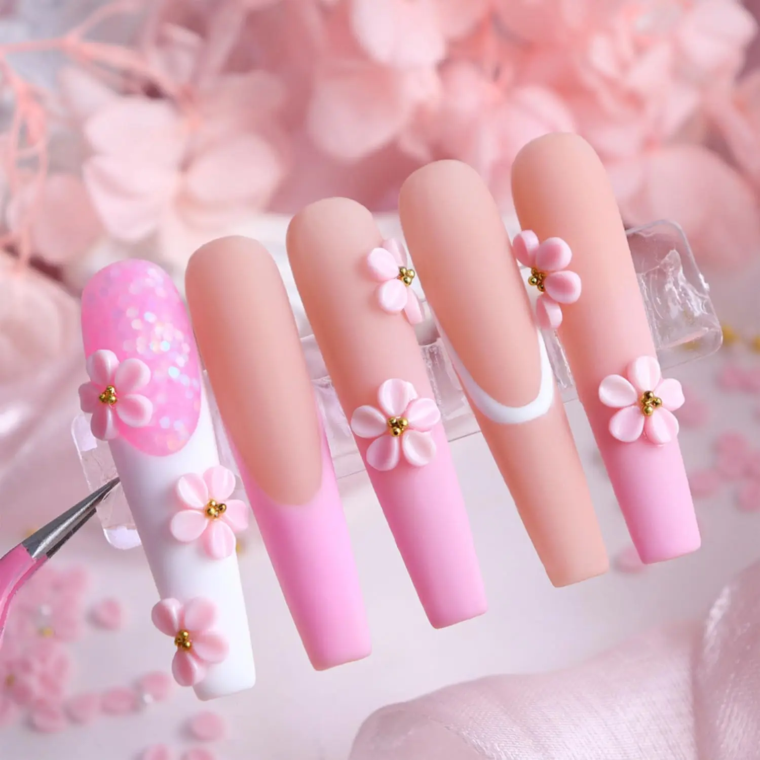 150 ชิ้น/ถุงสีชมพู Orbiculate กลีบเล็บอุปกรณ์เสริม 3D คาเวียร์ลูกปัด & Rhinestone & Pearl Nail Art Charm Kawaii กลีบเล็บอุปกรณ์