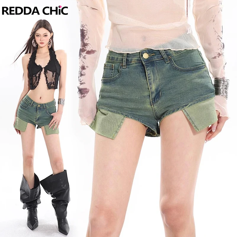 

REDDACHiC Patchwork Pockets Low Rise Denim Shorts Women Vintage Green Wash Stretch Slim Summer Bootypants Grayu Y2k Streetwear