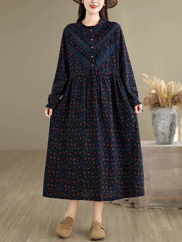 Retro Floral Print Loose Women's Dr Autumn New Sle Artistic Slimming Belted Versatile Cotton Long Sve round Ne Dr