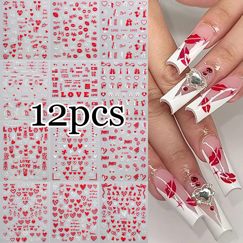 12pcs Red Love Lips Rose Valentine Nail Art Decals Set White Red Geometry Lines Cupid Nail Art Stickers Woman Manicure Supplies