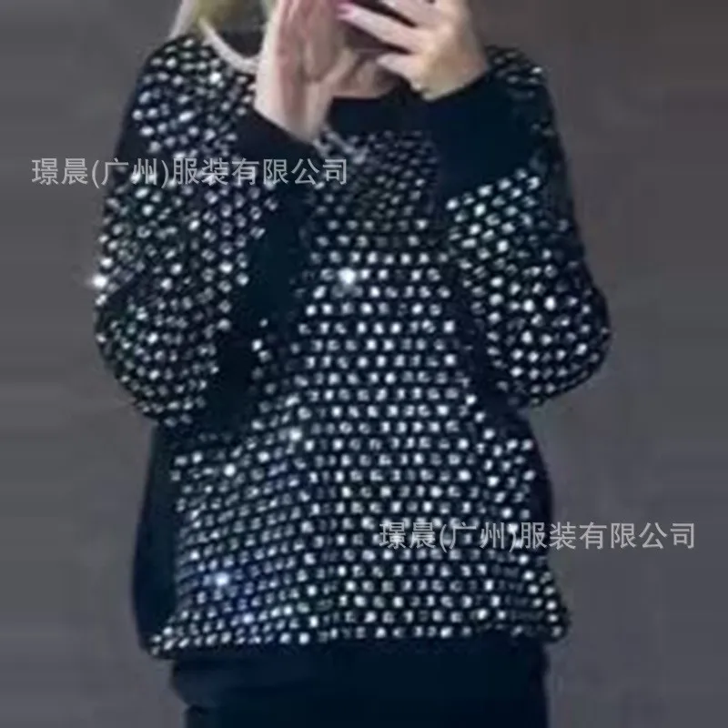 Fashion Casual Rhinestone Hoodie for Women 2026 Spring Autumn New Loose Long-sleeved Round Neck Pullover Top Shiny Sweatshirt