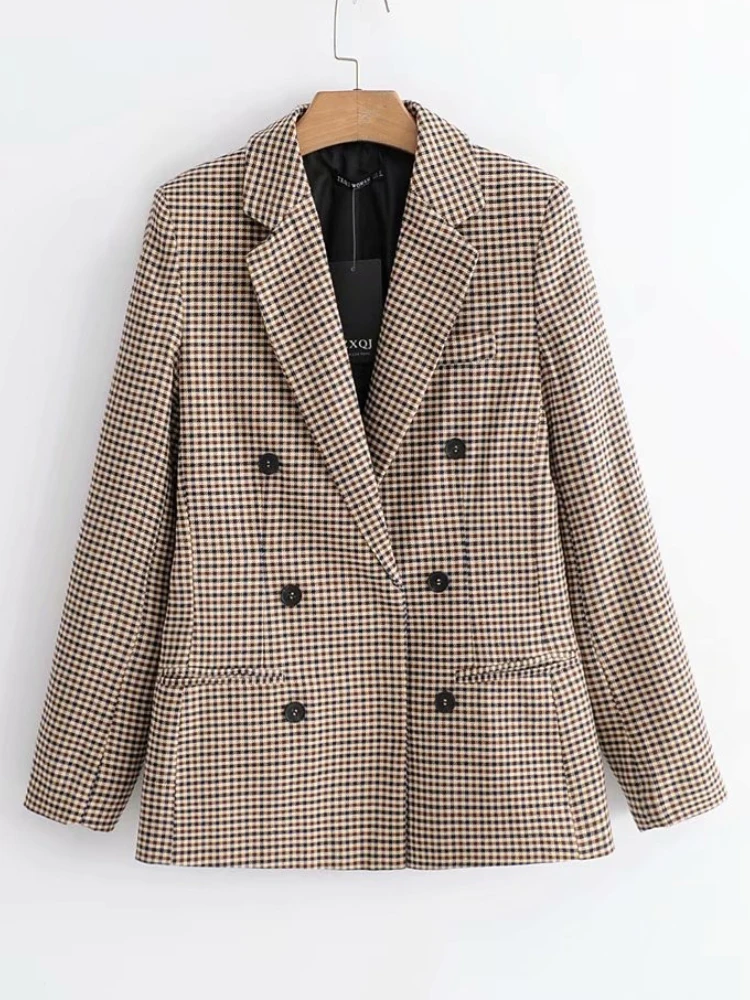 Autumn Plaid Blazer for Women Elegant High Quality Office Outfits New In Jacket Double Breasted Coat Oversized Blazer De Mujer