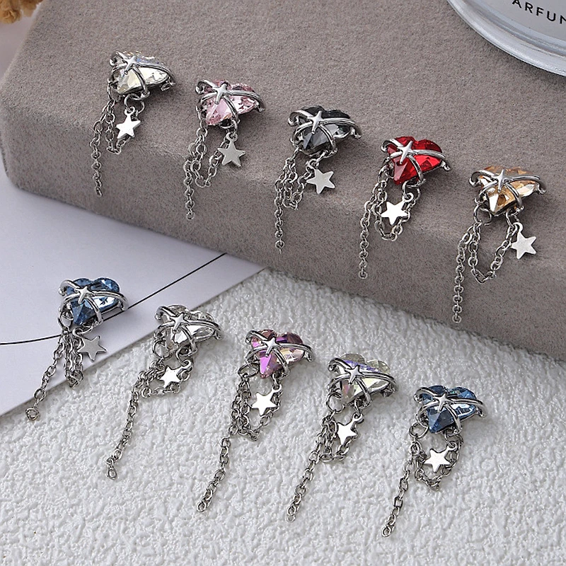 

5/10PCS 3D Luxury Alloy Stars Nail Art Crooked Heart Rhinestone Pendant Charms Chain Accessories For Nails Decoration Supplies
