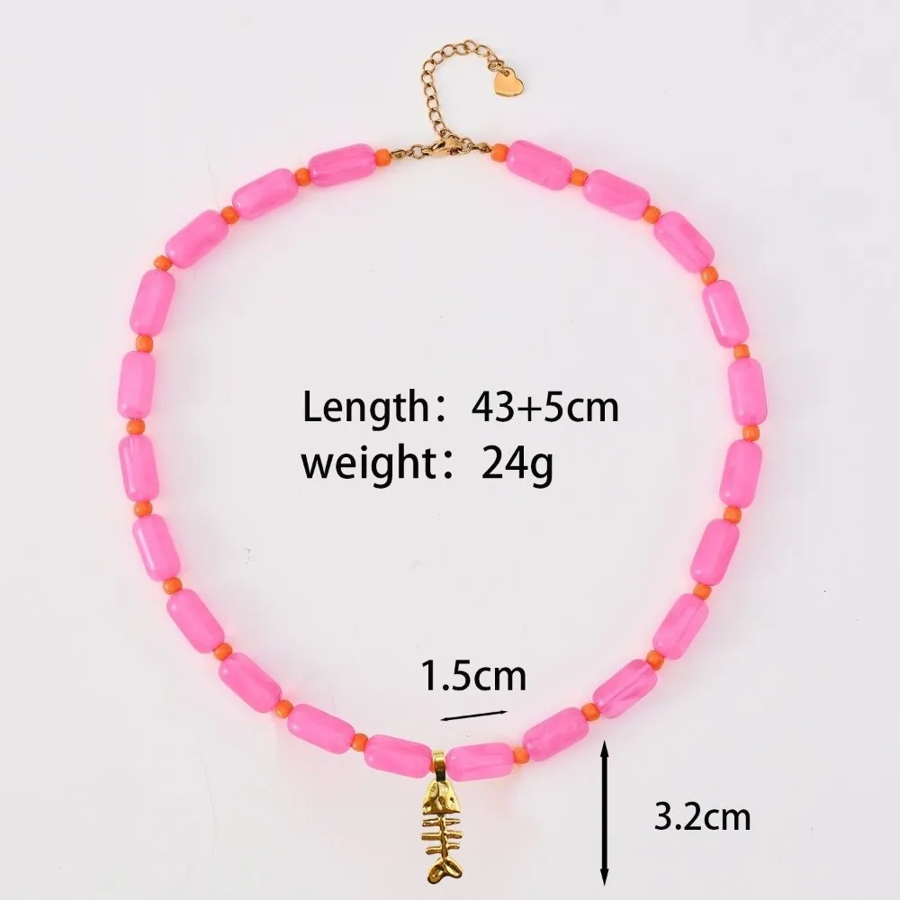 New Bohemian Fishbone Pendant Bead Dopamine Color White Shell Heart Resin Beads Necklaces Pink DIY Choker Necklaces Gifts