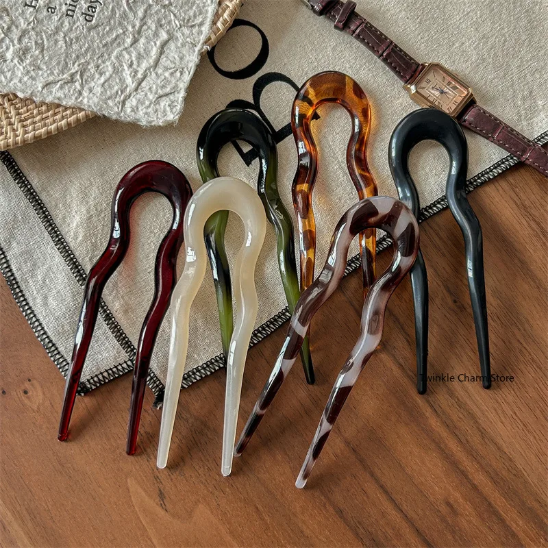 U Shaped Fashion Twist Hair Stick Amber Color Plastic Wavy Hairpins Women Hair Sticks Girl Headwear Hair Accessories 헤어 악세사리