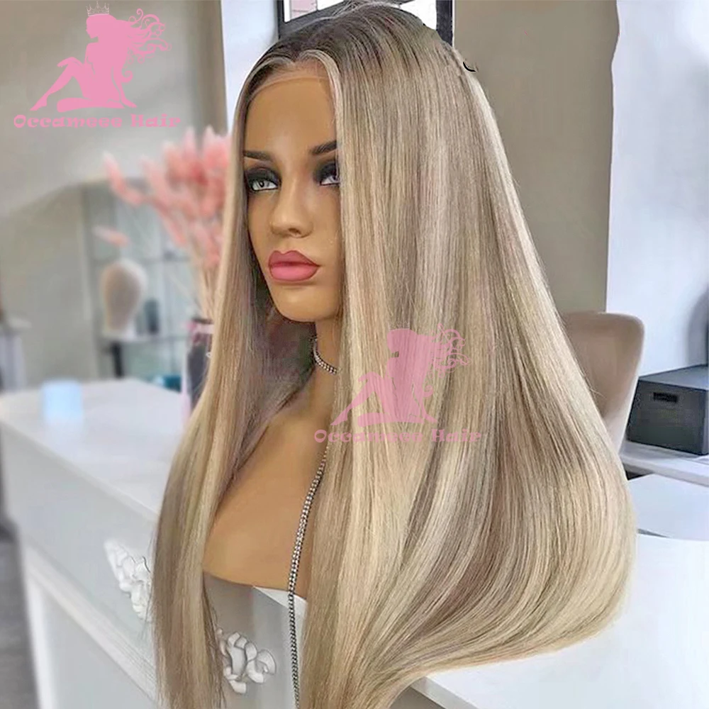Ash Blonde Highlight 13x6 Lace Frontal Wigs Human Hair Colored Brazilian Human Hair Straight Ombre Wig Transparent Swiss Lace Fr