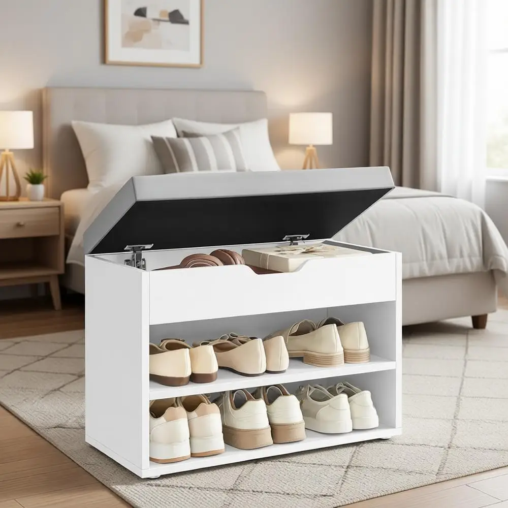 

Скамейка для хранения обуви с мягким сиденьем и 3 отделениями, цвет Cloud White, 11,8 x 23,6 x 17,3 дюйма, для прихожей или гостиной