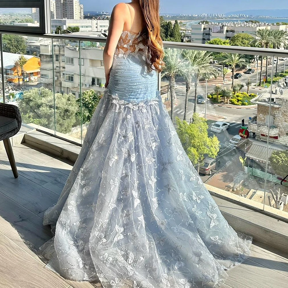 Vestidos de Noche con lentejuelas y apliques plisados de sirena de lujo, elegantes vestidos de fiesta sin tirantes con tirantes finos de Organza de tamaño personalizado