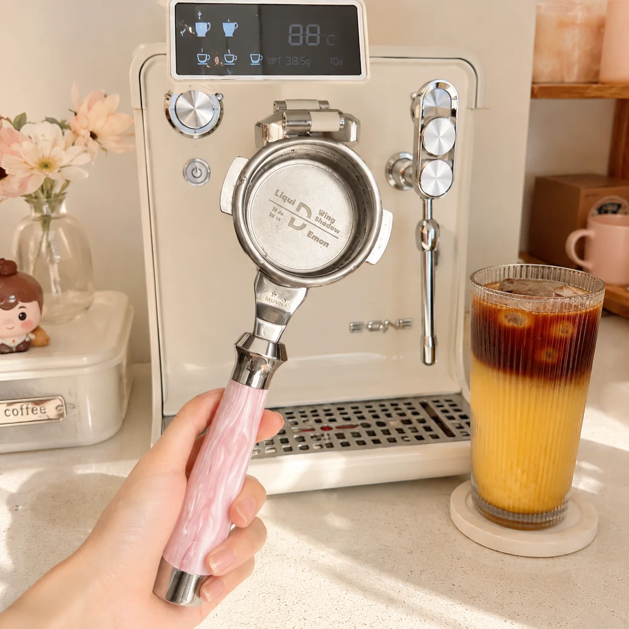 

MUVNA Espresso Bottomless Pink Portailfter Lucifer Series Naked Portafilter with Baske WPMt Fits E61 Nuova Delonghi Breville