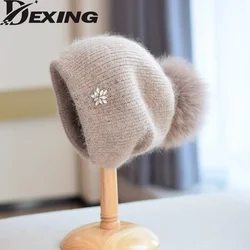 2022 Autumn and Winter New Rabbit Fur Beanies Hat Female Fox Fur Ball Knitted Hat Fashion Split Thermal Ear Protection Wool Hat