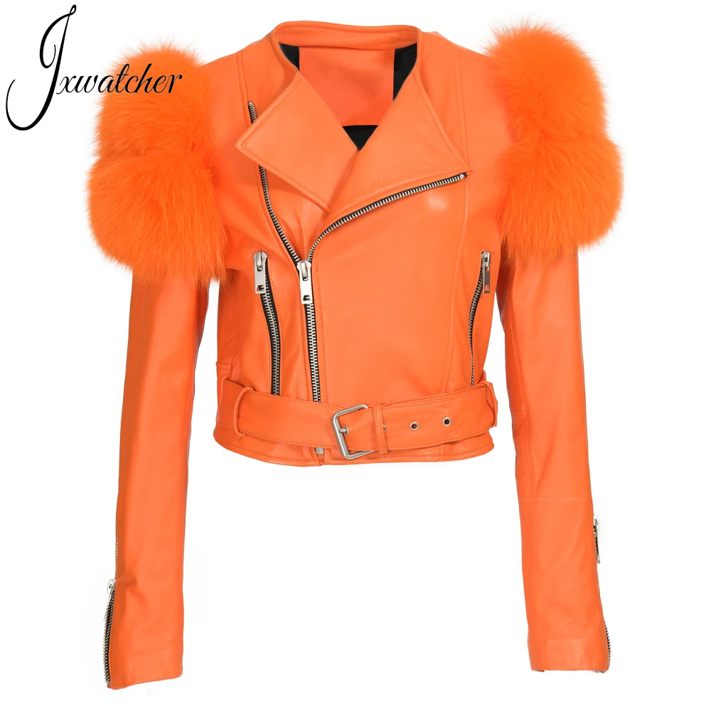 

Women's Genuine Leather Jacket Ladies Real Sheepskin Coat Waistband Design Fox Fur Ornament Full Sleeves Female Outwear Cropped