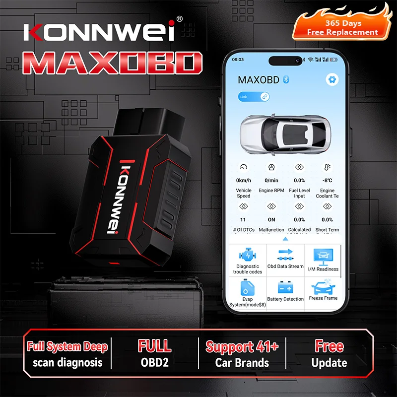 

Диагностический инструмент KONNWEI MAXOBD 2026 для автомобилей, OBD, полная диагностика систем, просмотр информации I/M, системы SAS SRS, Bluetooth