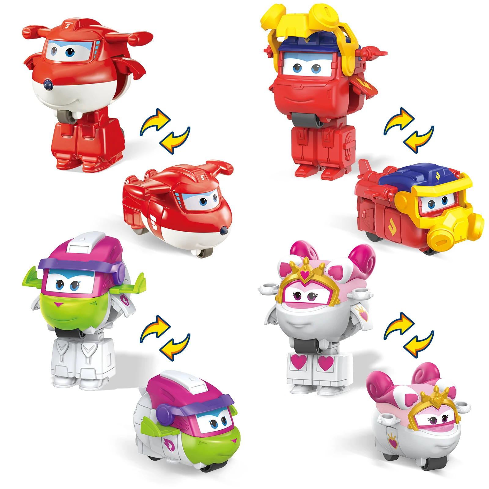 Super Wings 2" Transform-a-Bots 4-Pack, Supercharged Jett, Curie, Runi, Sara, Mini Figuras de Veículos Aéreos, Brinquedos Divertidos para Crianças