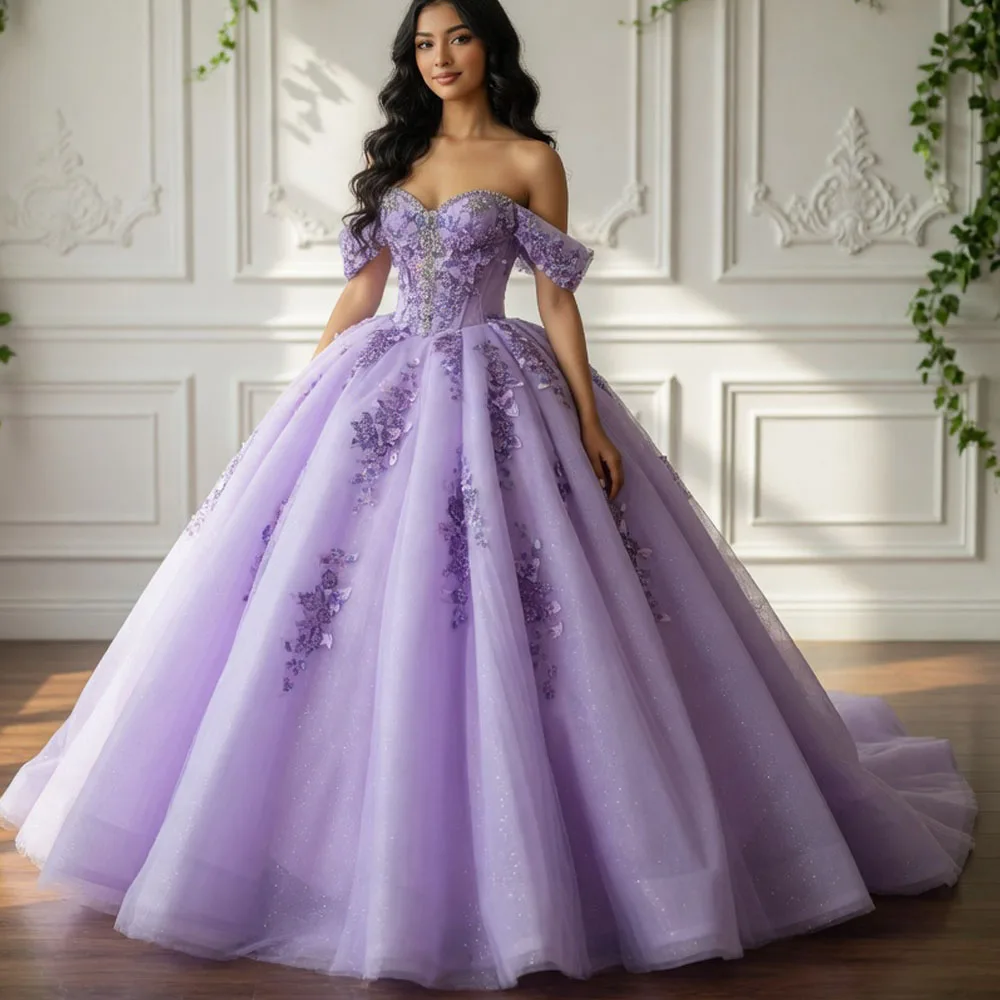 

Роскошное фиолетовое платье для церемонии Quinceanera с открытыми плечами, вырезом в форме сердца, шнуровкой на спине и кристаллическими аппликациями для женщин
