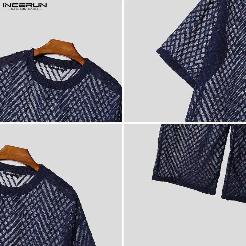 INCERUN Men's Sets See Through Mesh Short Sleeve T Shirt Pants Two Piece Sets Streetwear See Through Sexy 2026 Men Matching Sets view 6
