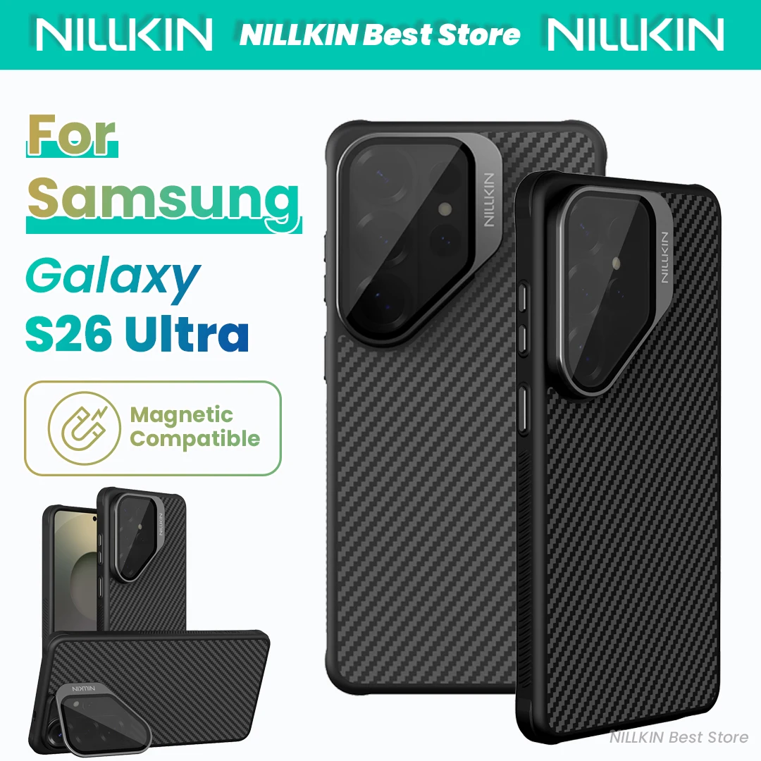 

Чехол NILLKIN для Samsung Galaxy S26 Ultra, магнитный, из арамидного волокна, с откидной подставкой для камеры, из кевлара и углеродного волокна, защитный чехол из ТПУ