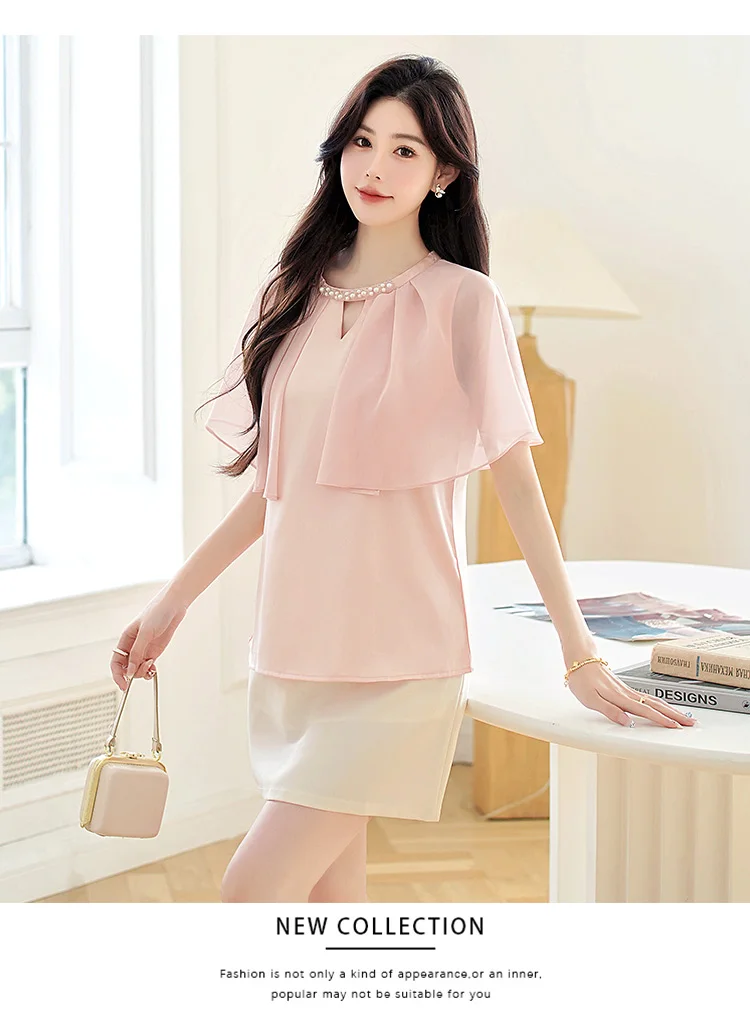 Mode 2026 Sommer Kurzarm O-Ausschnitt Süße Damenbluse Rosa Chiffon-Bluse Hemden Damen-Tops Blusas De Mujer Camisas N602 – Detail 5