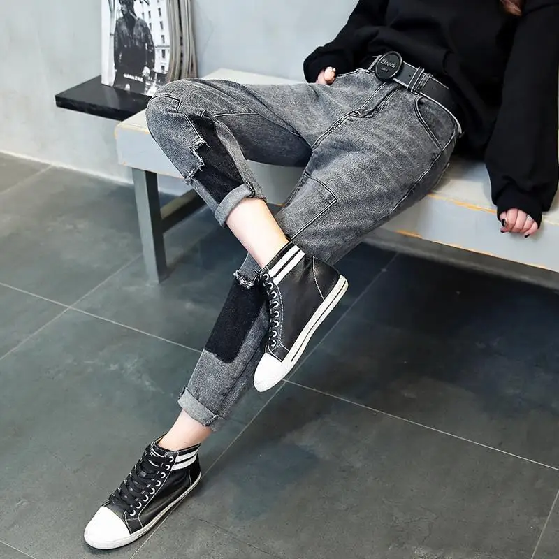 2024 Spring And Autumn New Jeans Women's Grey Patchwork Loose High Waist Straight Barrel Haren Nine Leg Pants