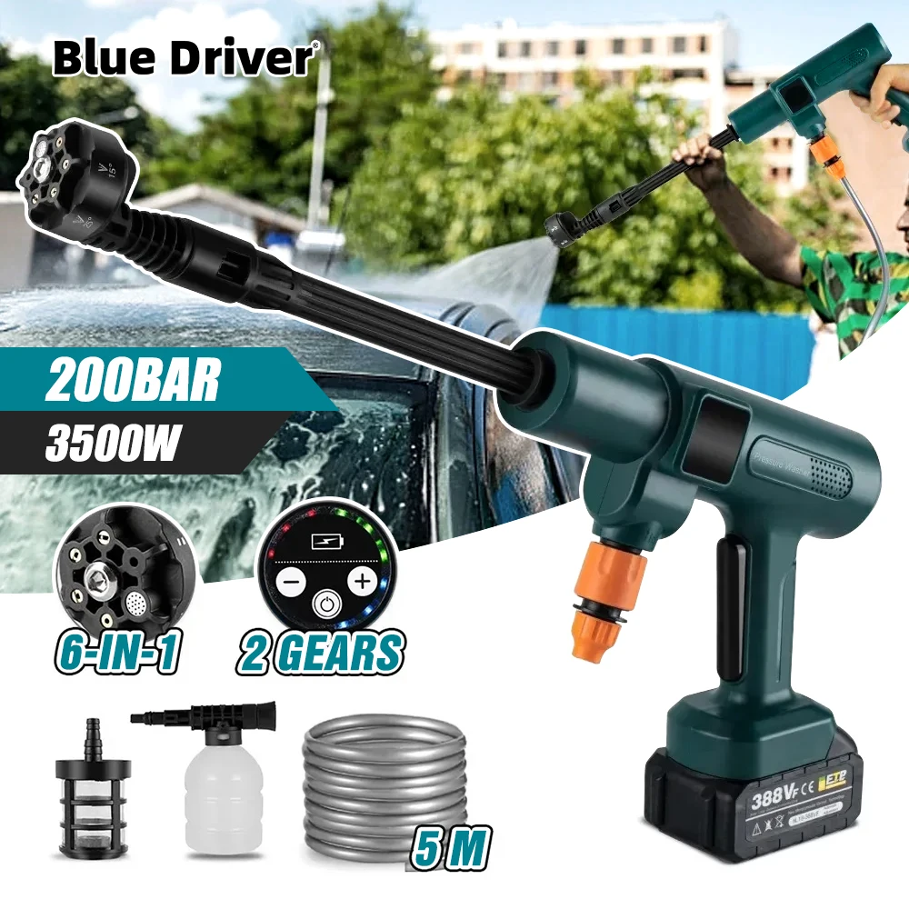 

3500W 200Bar High Pressure Brushless Electric Car Washer 6-in-1 Cordless Cleaning Spray Gun Tool for Makita 18V Battery