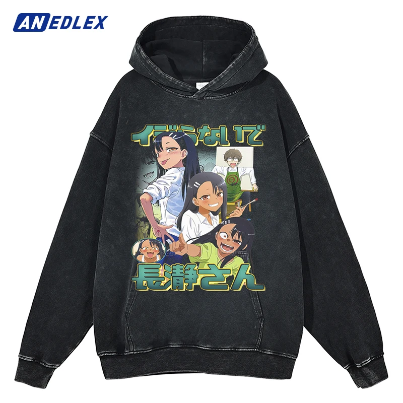 Hip Hop Washed Hoodie Streetwear Vintage Sweatshirt Japanese Anime Girl Graphic Print Pullover Men Harajuku Cotton Hooded Hoodie