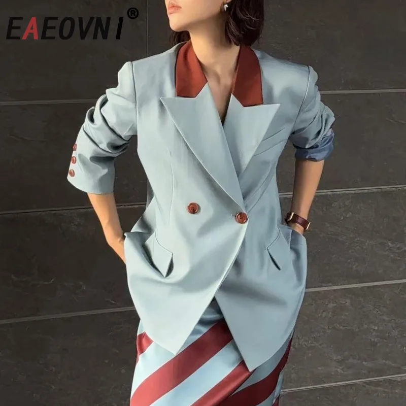 

EAEOVNI модный длинный блейзер женский контрастного цвета с воротником на двойной пуговице офисное женское пальто офисные женские туфли 23 осенняя новая одежда