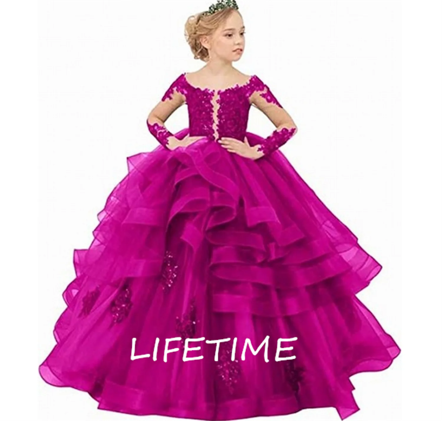 Sheer Long Sleeve Scoop Tiered Kids Black Flower Girl Dress For Wedding Sequin Lace First Communion Ruffle Tulle Princess Gown