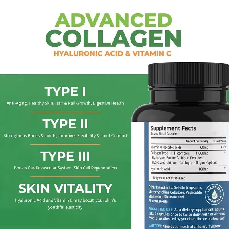 Multi collagen supplement containing hyaluronic acid and vitamin C is suitable for skin, wrinkles, and 60 capsules