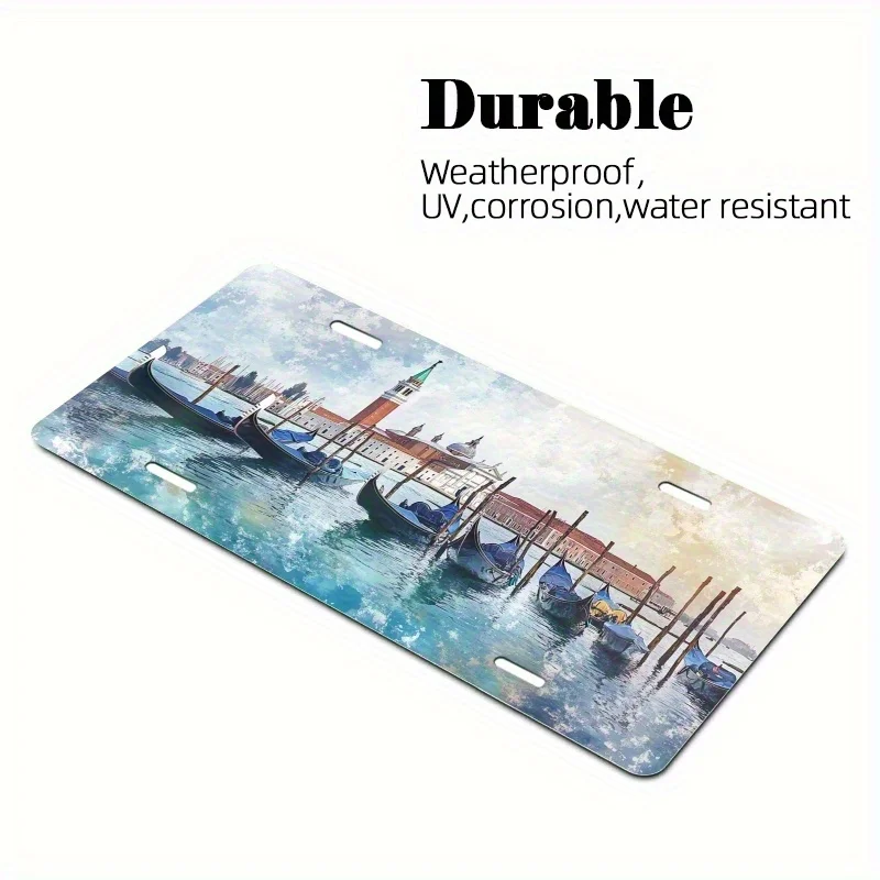 2D Flat - [Enable ] 2D Flat European Venice City Landscape Metal License Plate Frame - Old Italian Canoe Bridge Design, Heavy-Du