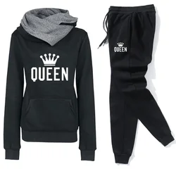 Fashion Queen's Print Womens Clothes Casual Long Sleeve Hoodie + Pants Sports Suits Autumn winter Fleece Jogging Suit Pant Sets