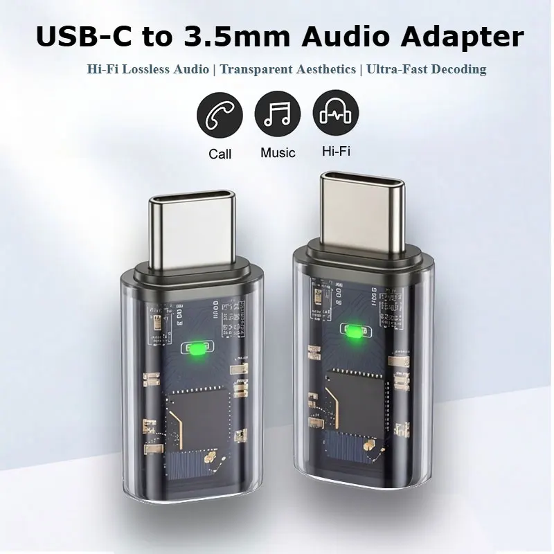 HiFi USB‑C to 3.5mm Adapter – Transparent, 16‑bit/48kHz, for iPhone 15/Android/Samsung
