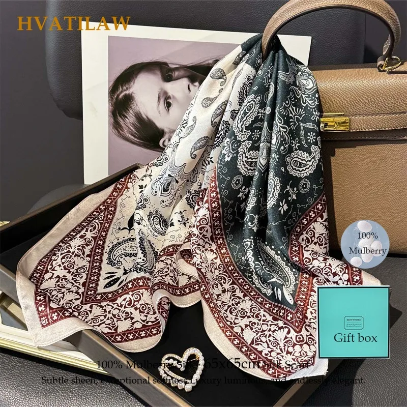 

100% Real Silk Scarf Women Luxury Paisley Headband Square Foulard Female Neckerchief Shawl Wrap Hijab Bandana Scarves Gift Box