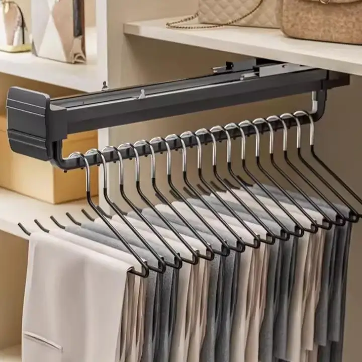 Expandable Storage Wardrobe Top Mount Pull-Out Aluminum Pants Hanger Display Slide Rail Clothes Organizer Pants Hanger